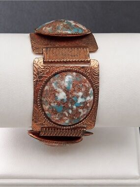 Copper Bracelet with Circular Turquoise Shimmer Discs